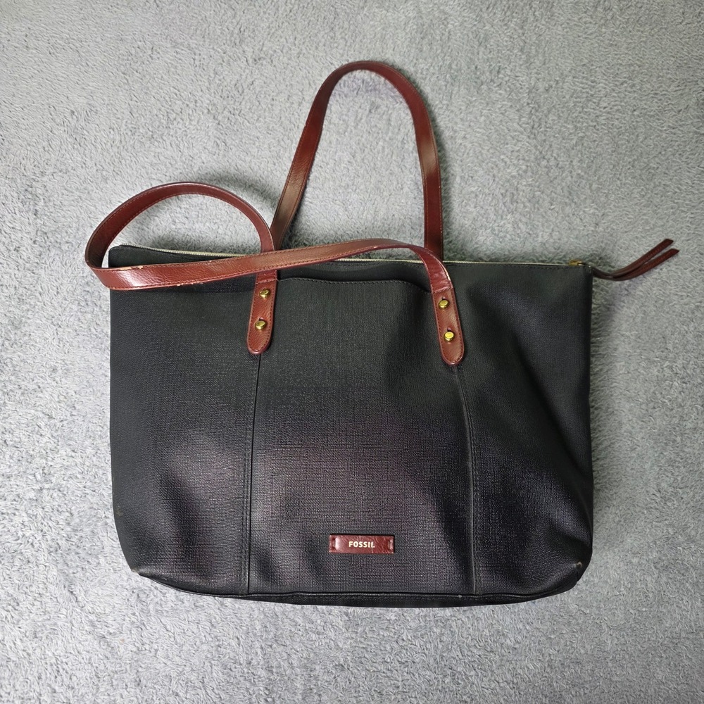 Fossil Womens Large Canvas Leather Tote Bag Black Brown Zip Top Professional